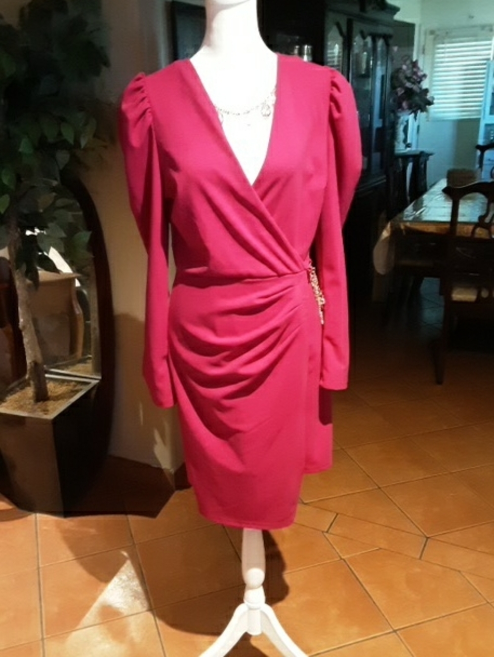 Elegant Fuchsia Wrap Dress with Draped Waist